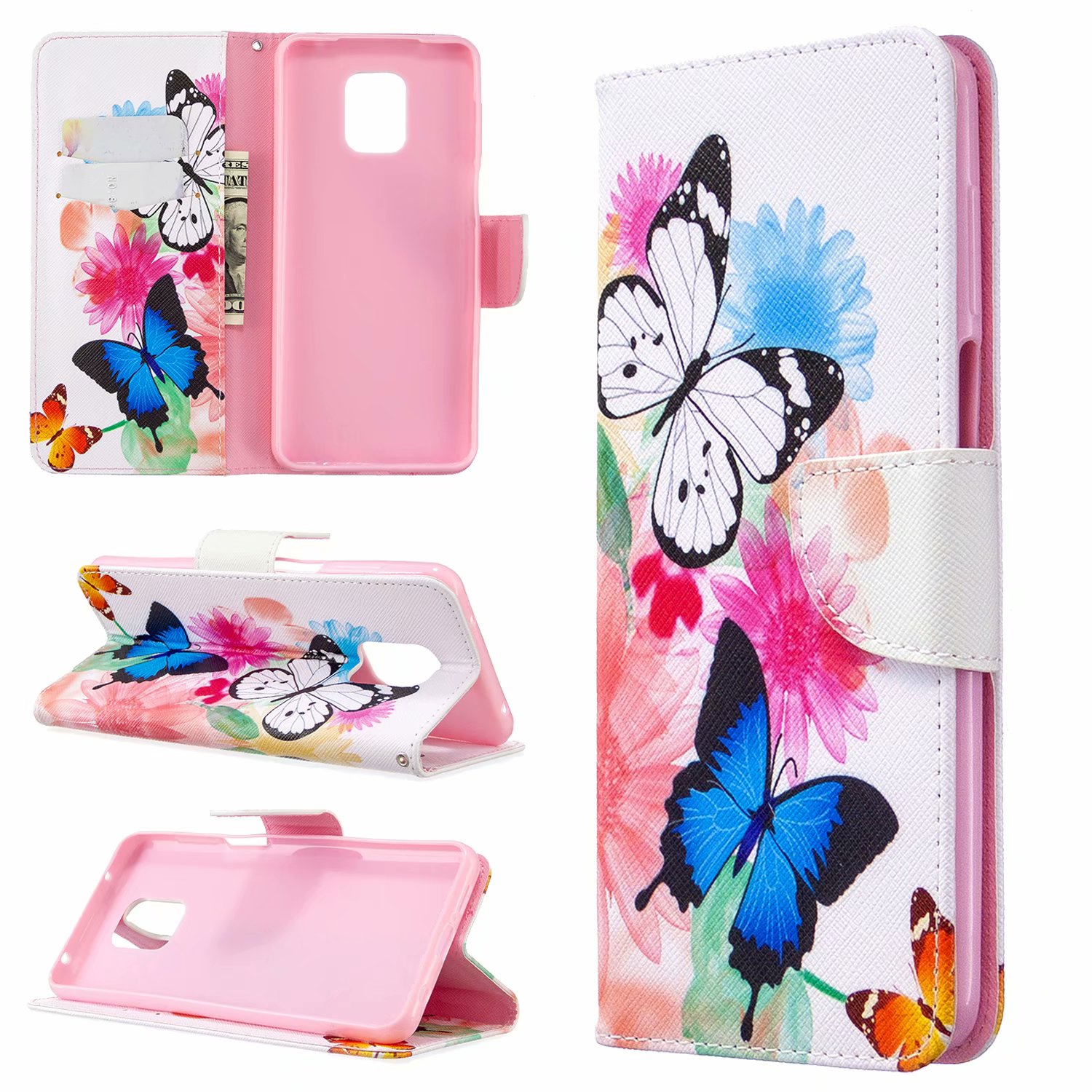 Xiaomi Redmi Note 9 Pro Case, Flip Wallet Phone Bag Cover for Redmi Note 9S - Flower Butterfly