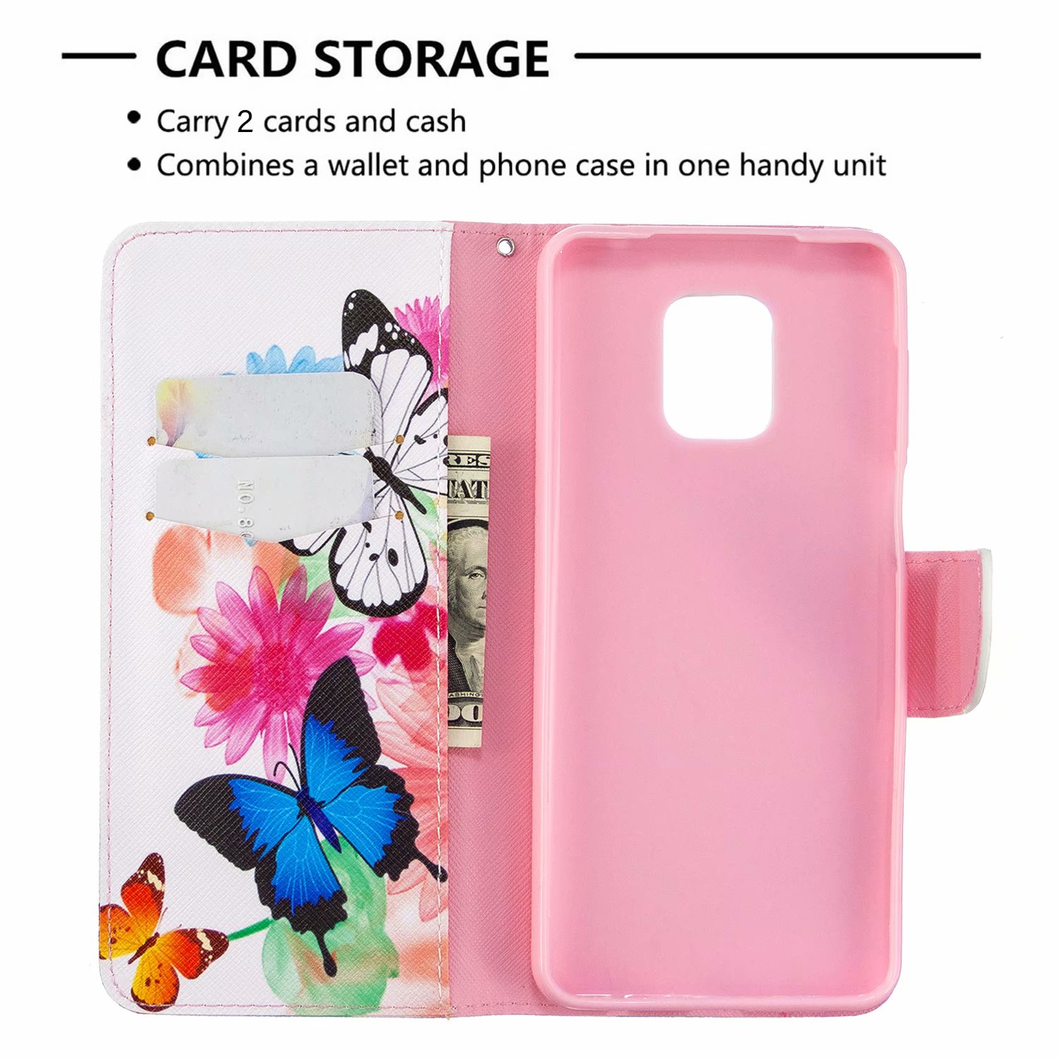 Xiaomi Redmi Note 9 Pro Case, Flip Wallet Phone Bag Cover for Redmi Note 9S - Flower Butterfly