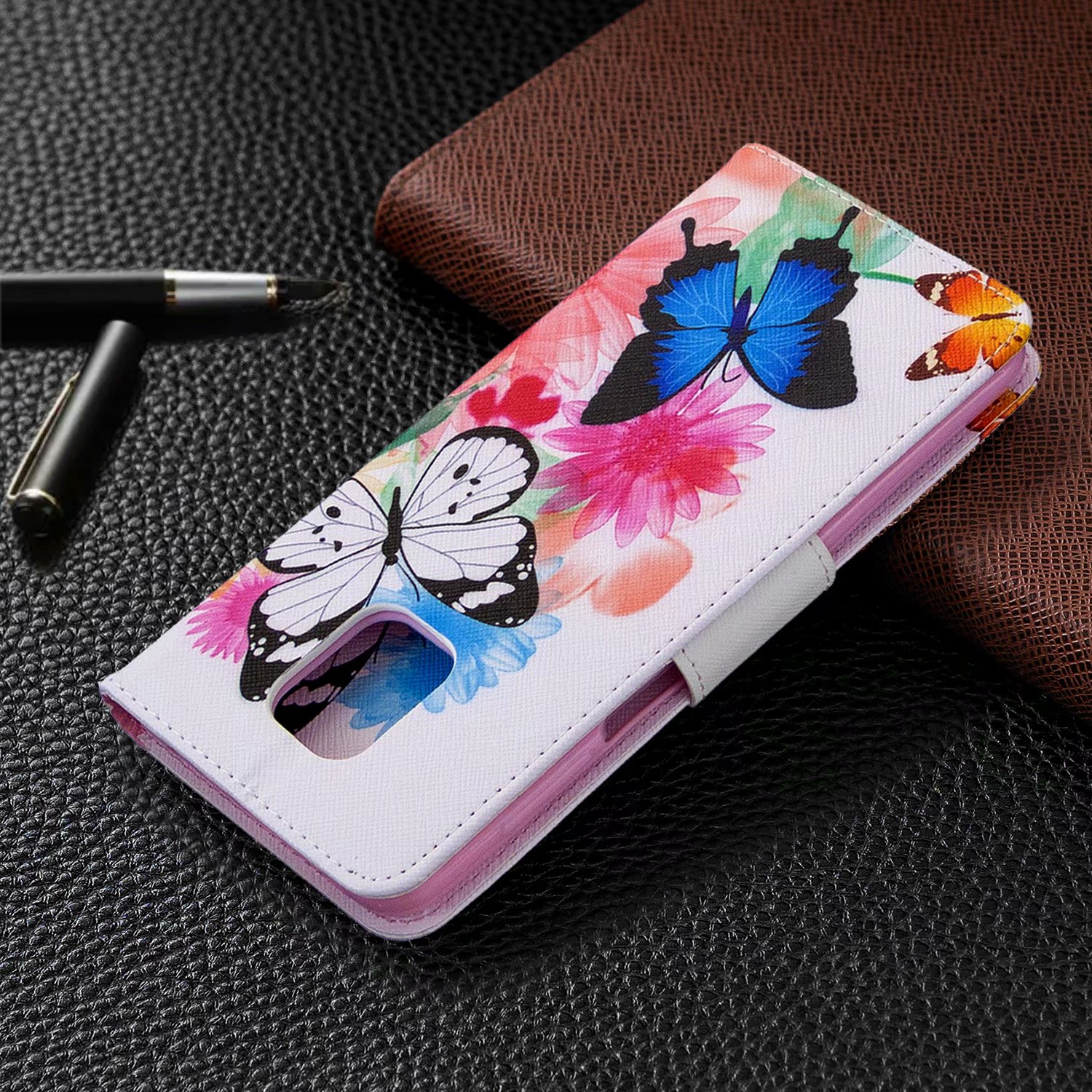 Xiaomi Redmi Note 9 Pro Case, Flip Wallet Phone Bag Cover for Redmi Note 9S - Flower Butterfly