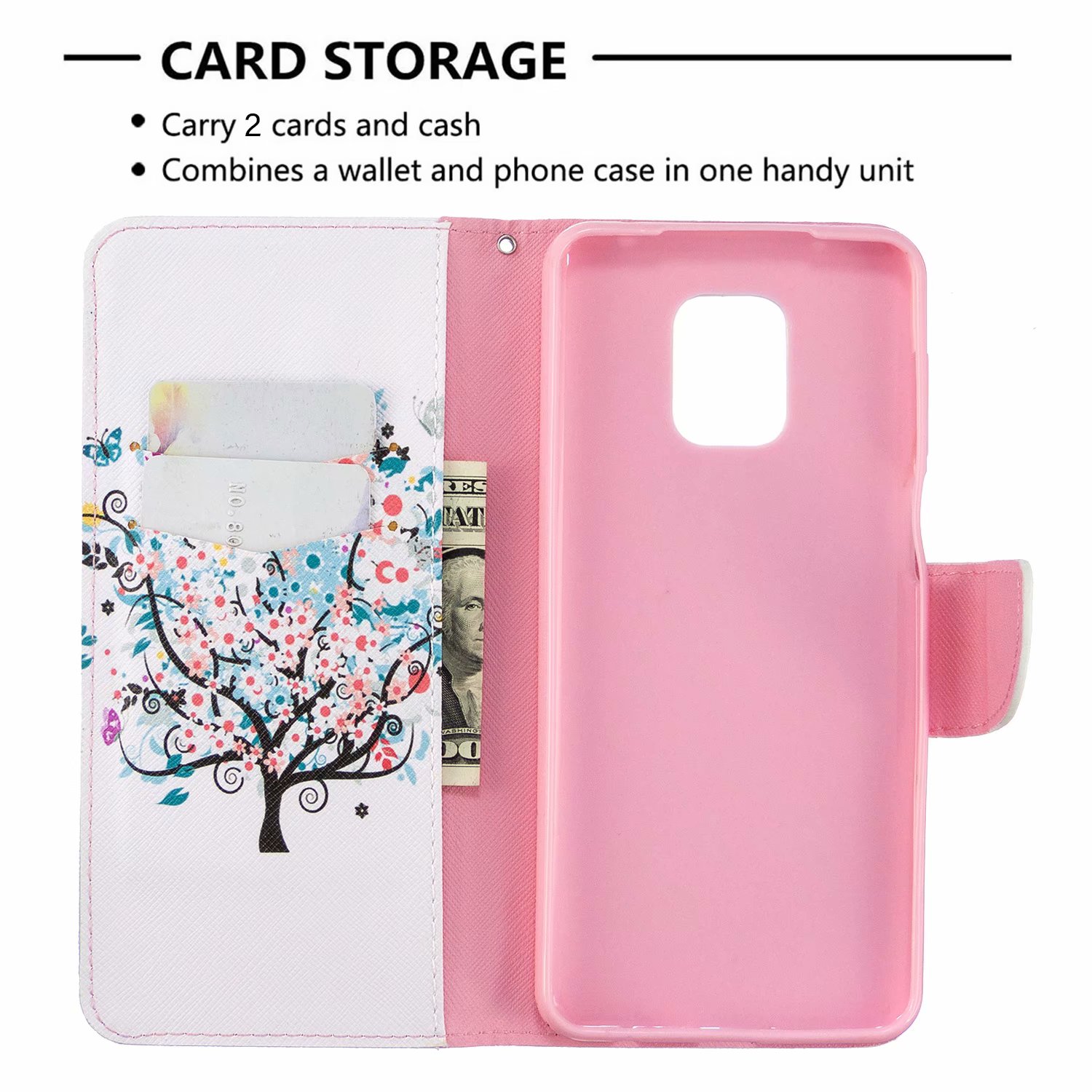 Xiaomi Redmi Note 9 Pro Case, Flip Wallet Phone Bag Cover for Redmi Note 9S - Color tree
