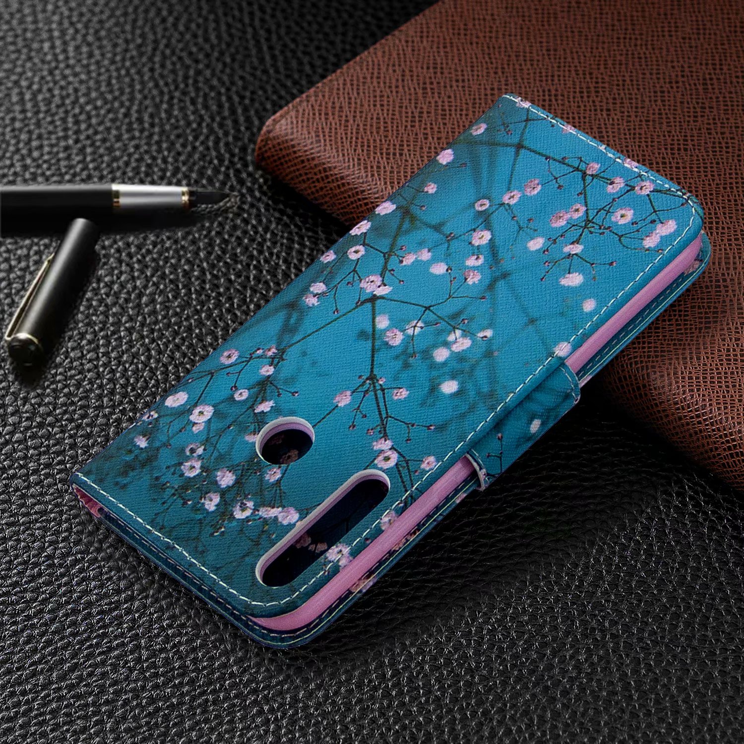 Huawei P40 Lite E Case, Flip PU Leather Wallet Bag Phone Cover for Huawei Y7p - Plum Flower