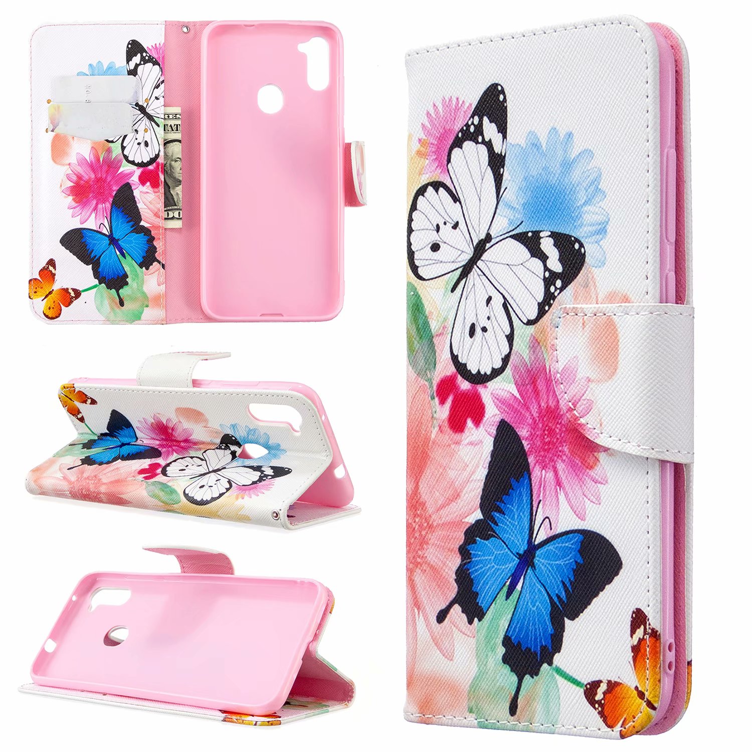 Samsung Galaxy A11 Case, Flip PU Leather Wallet Bag Phone Cover for Galaxy M11 - Flower Butterfly