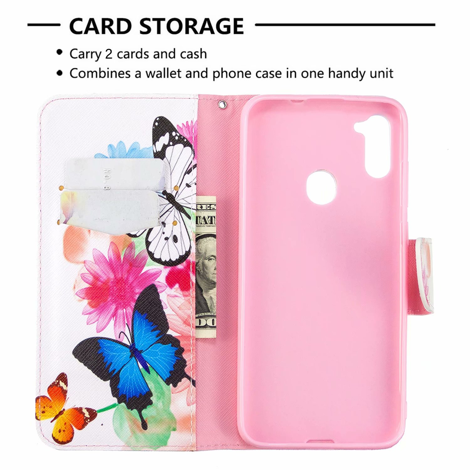 Samsung Galaxy A11 Case, Flip PU Leather Wallet Bag Phone Cover for Galaxy M11 - Flower Butterfly
