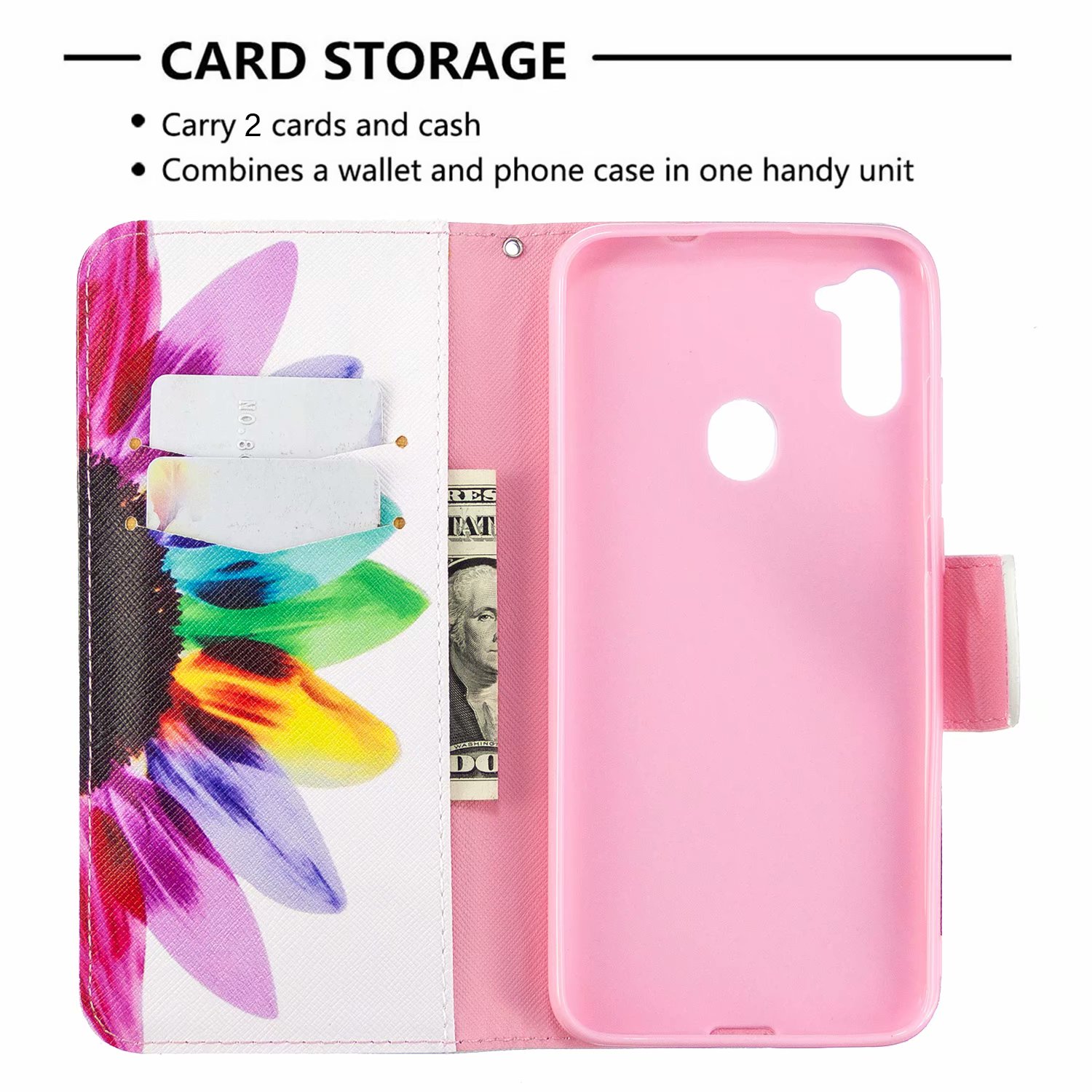 Samsung Galaxy A11 Case, Flip PU Leather Wallet Bag Phone Cover for Galaxy M11 - Sun Flower