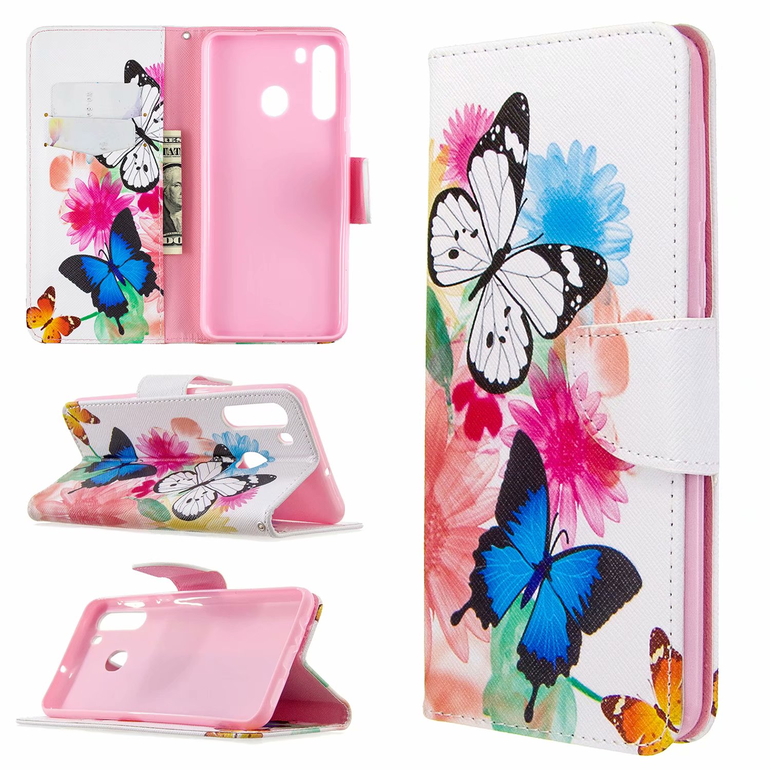 Samsung Galaxy A21 Case, Flip PU Leather Wallet Phone Bag Cover for Samsung A21 - Flower Butterfly