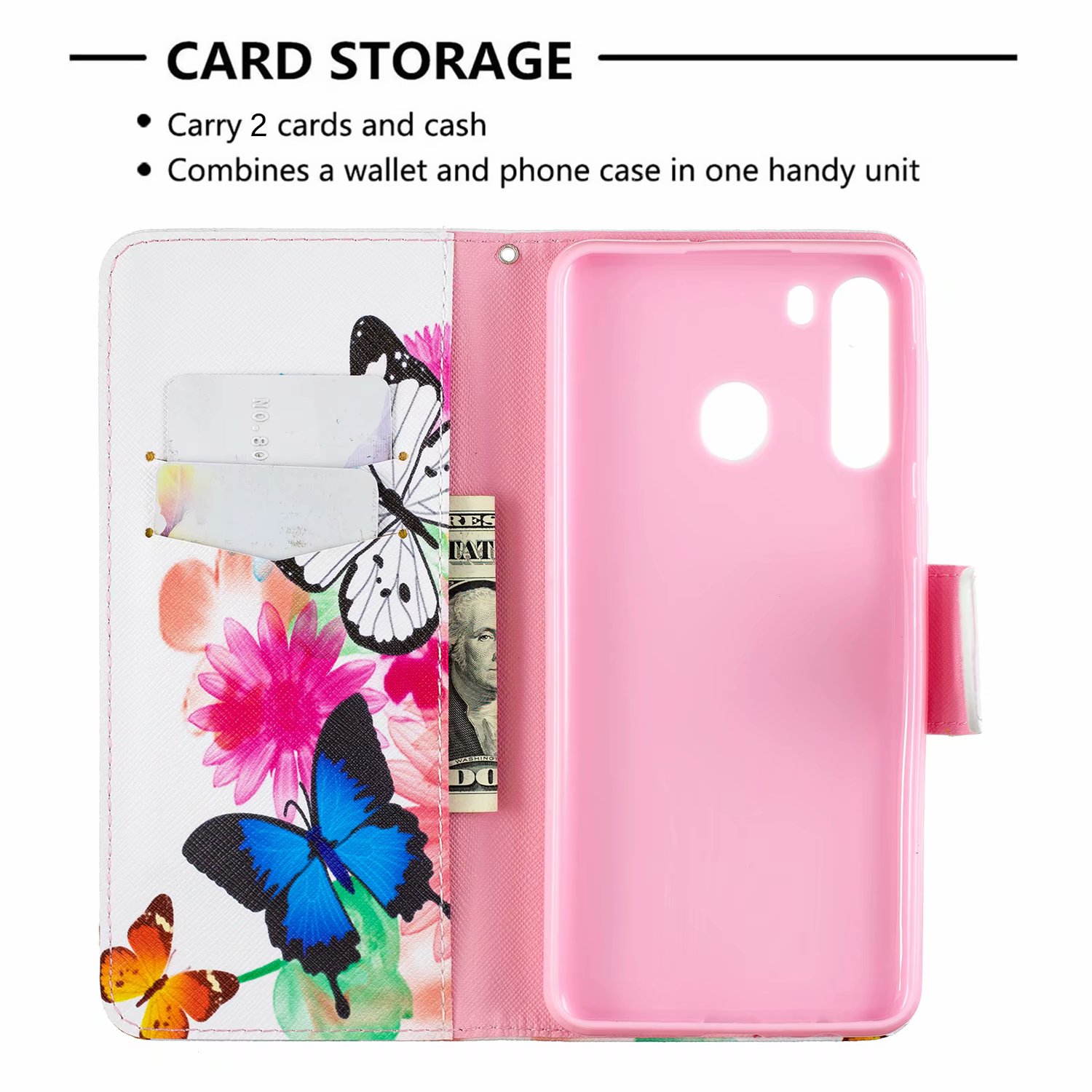 Samsung Galaxy A21 Case, Flip PU Leather Wallet Phone Bag Cover for Samsung A21 - Flower Butterfly