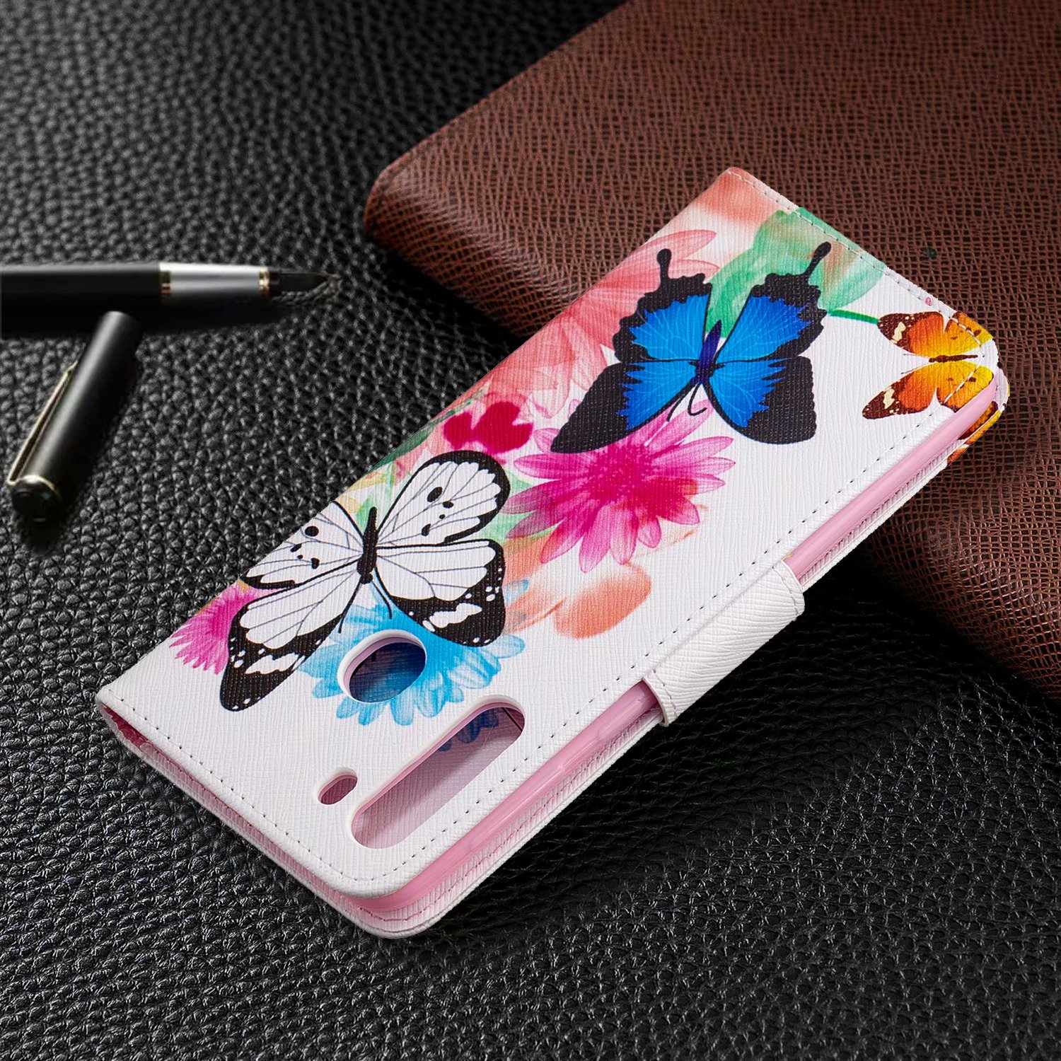 Samsung Galaxy A21 Case, Flip PU Leather Wallet Phone Bag Cover for Samsung A21 - Flower Butterfly