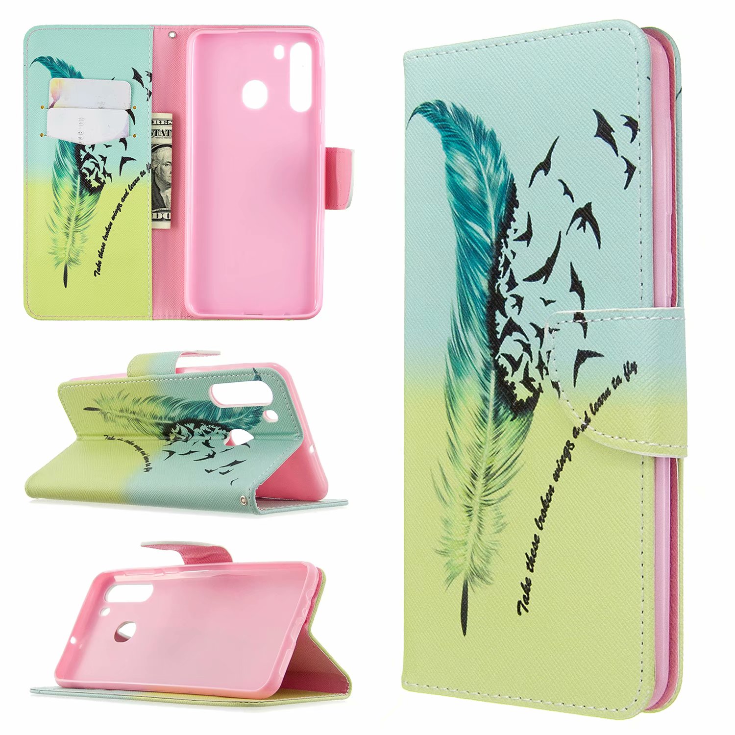 Samsung Galaxy A21 Case, Flip PU Leather Wallet Phone Bag Cover for Samsung A21 - Free feather