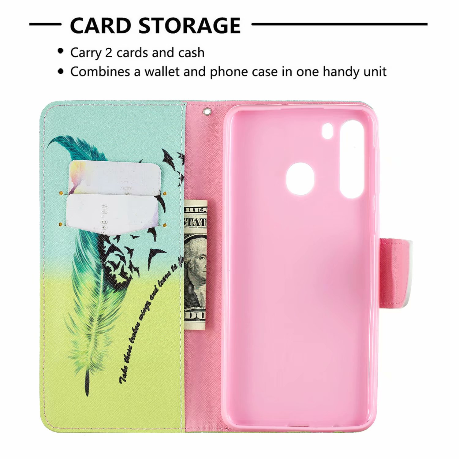 Samsung Galaxy A21 Case, Flip PU Leather Wallet Phone Bag Cover for Samsung A21 - Free feather