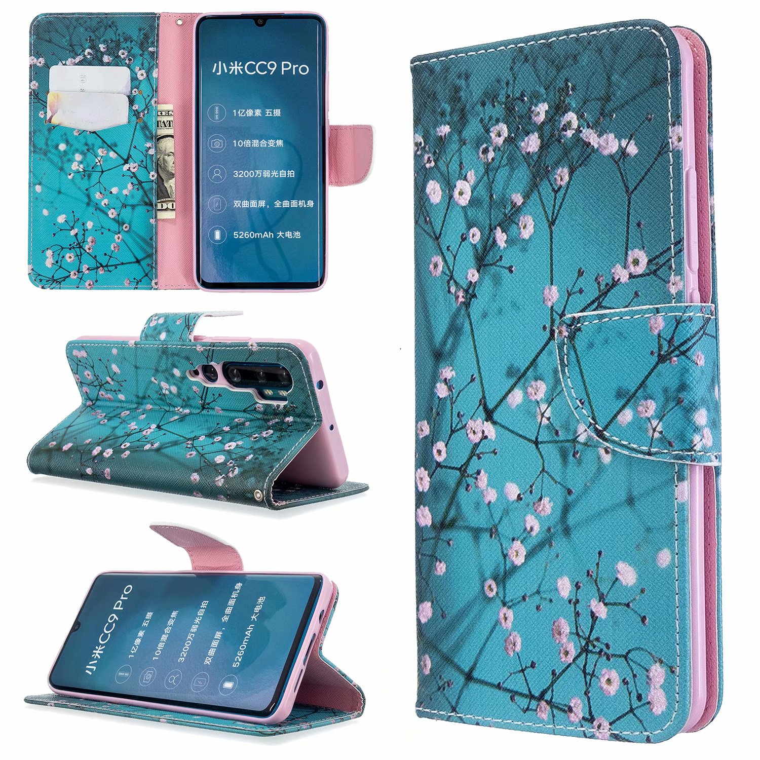 Xiaomi Mi CC9 Pro Case, PU Leather Wallet Phone Bag Cover for Xiaomi CC9 Pro - Plum Flower
