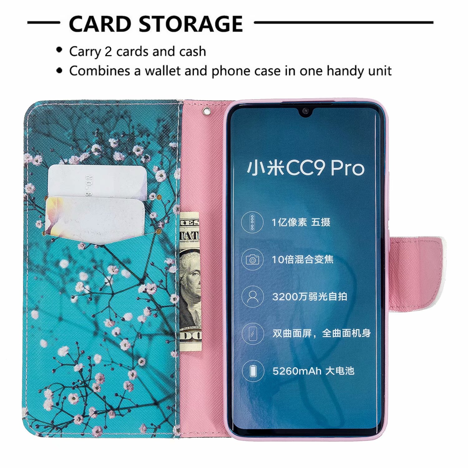 Xiaomi Mi CC9 Pro Case, PU Leather Wallet Phone Bag Cover for Xiaomi CC9 Pro - Plum Flower