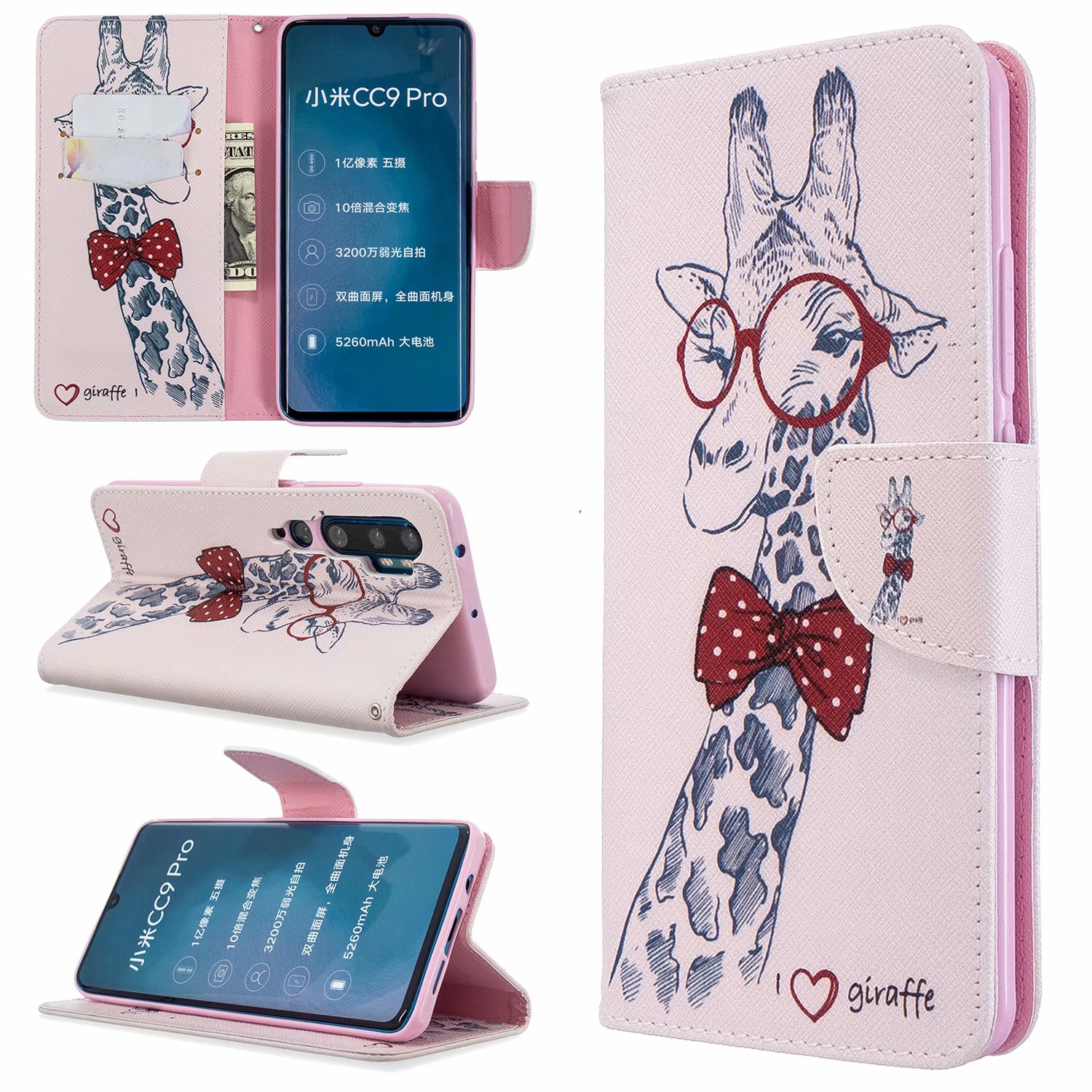 Xiaomi Mi CC9 Pro Case, PU Leather Wallet Phone Bag Cover for Xiaomi CC9 Pro - Giraffe