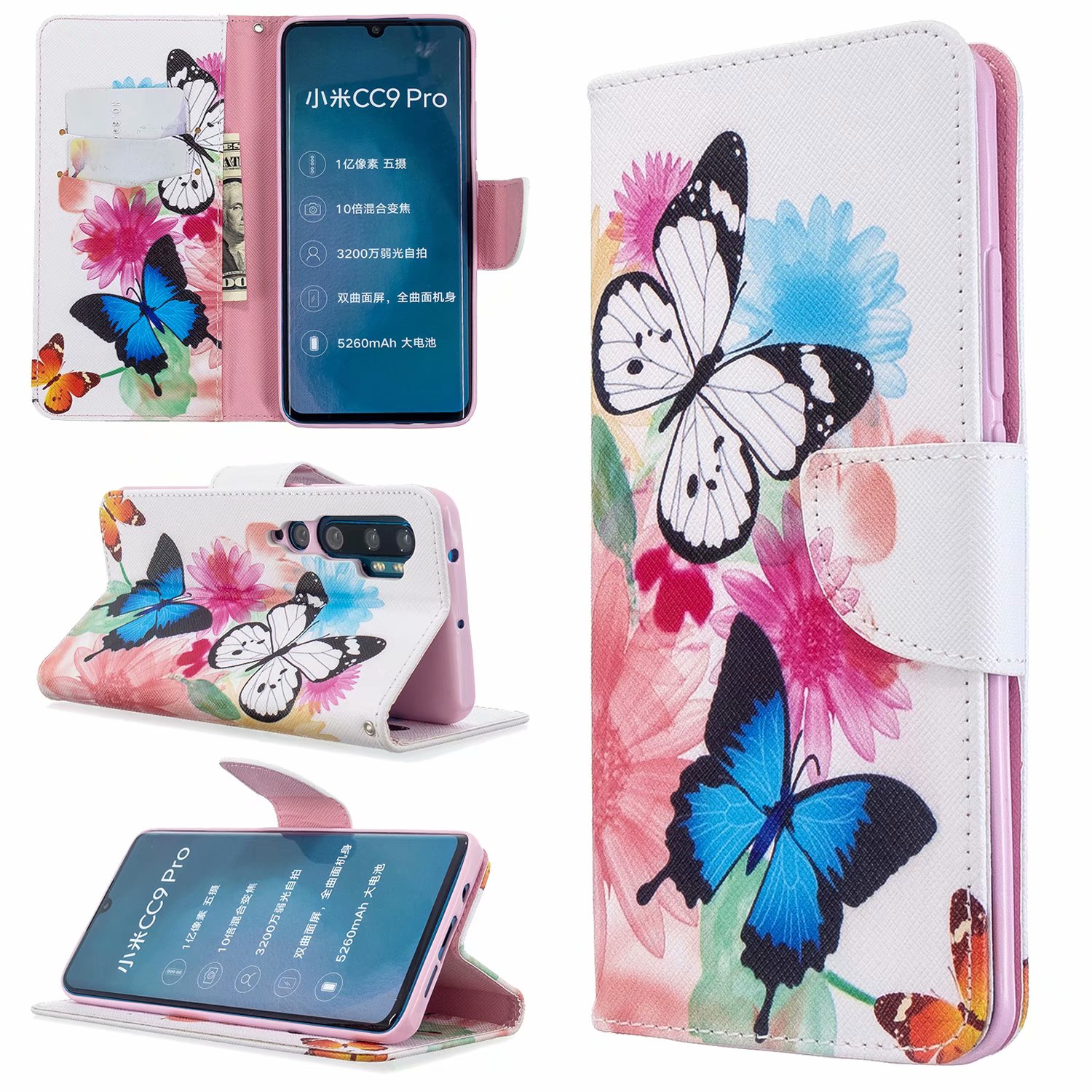 Xiaomi Mi Note 10 Case, PU Leather Wallet Phone Cover for Xiaomi Mi Note 10 Pro - Flower Butterfly