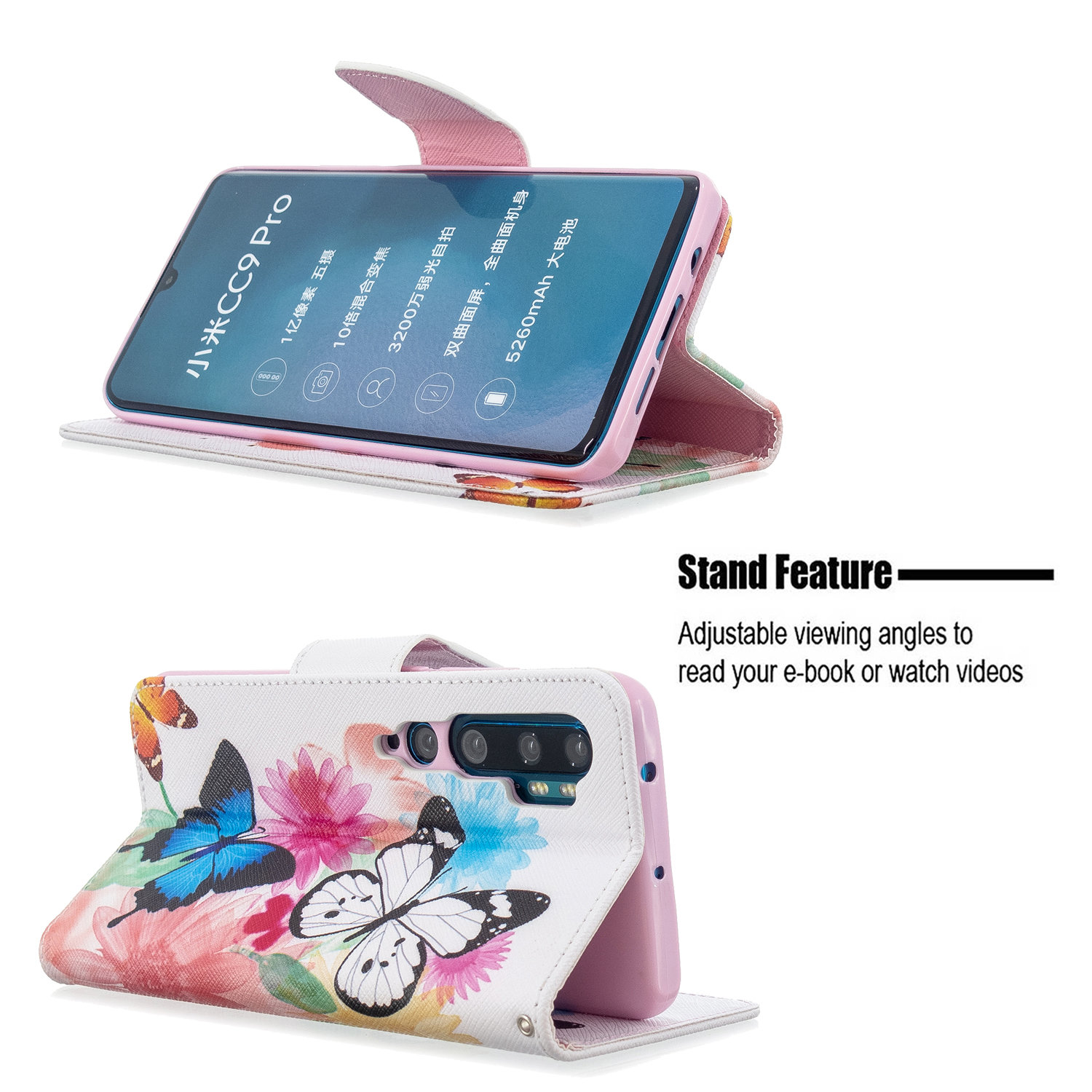 Xiaomi Mi Note 10 Case, PU Leather Wallet Phone Cover for Xiaomi Mi Note 10 Pro - Flower Butterfly