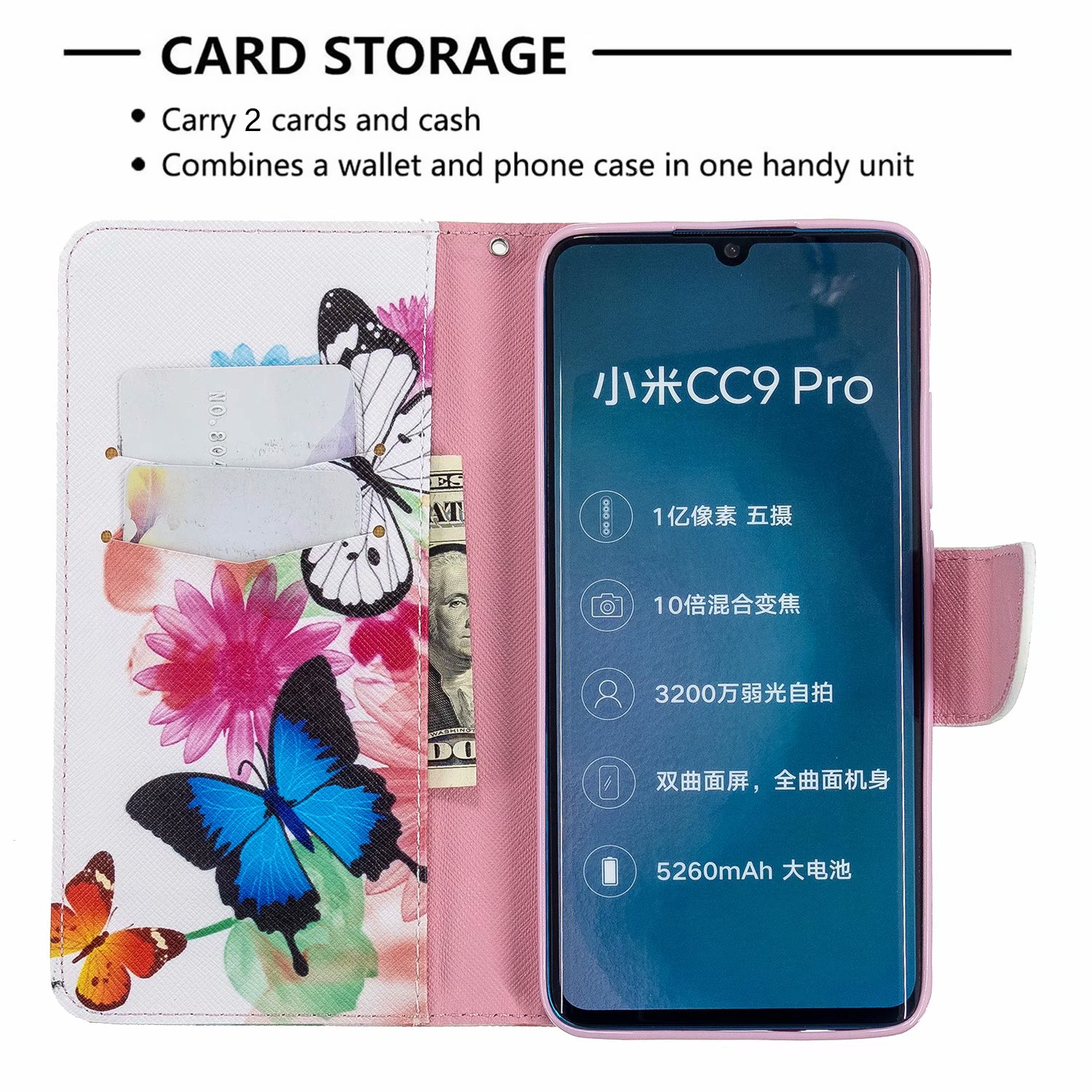 Xiaomi Mi Note 10 Case, PU Leather Wallet Phone Cover for Xiaomi Mi Note 10 Pro - Flower Butterfly