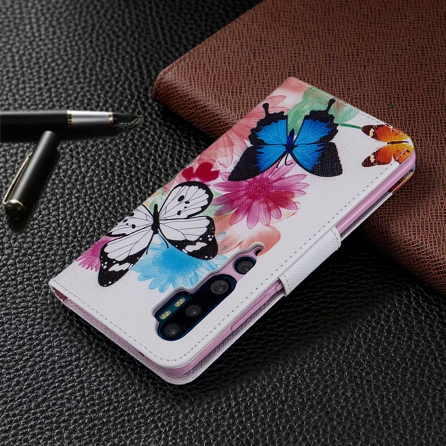 Xiaomi Mi Note 10 Case, PU Leather Wallet Phone Cover for Xiaomi Mi Note 10 Pro - Flower Butterfly