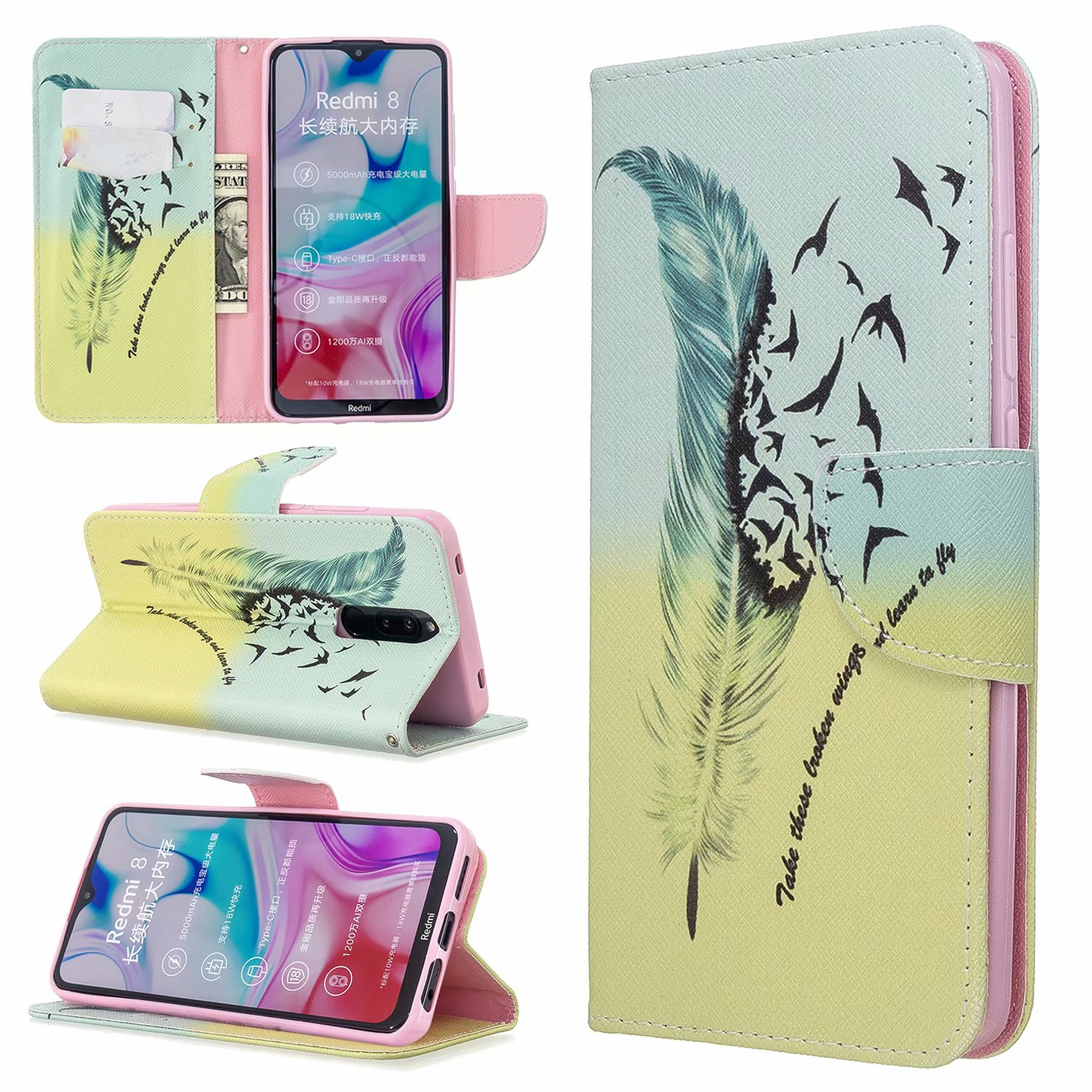 Xiaomi RedMi 8 Case, PU Leather Wallet Phone Bag Cover for Redmi 8A - Free feather