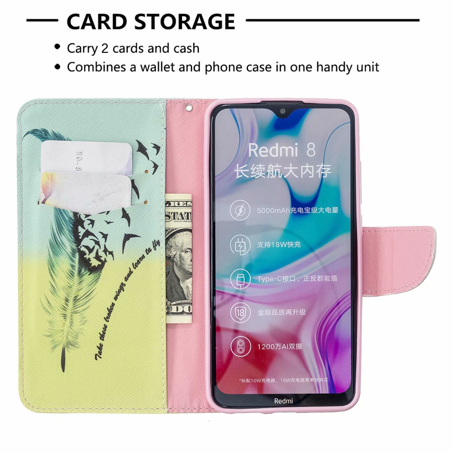 Xiaomi RedMi 8 Case, PU Leather Wallet Phone Bag Cover for Redmi 8A - Free feather