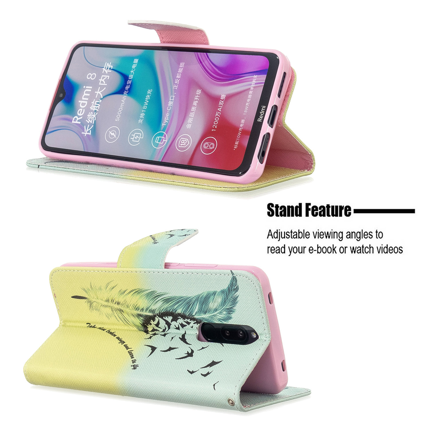 Xiaomi RedMi 8 Case, PU Leather Wallet Phone Bag Cover for Redmi 8A - Free feather