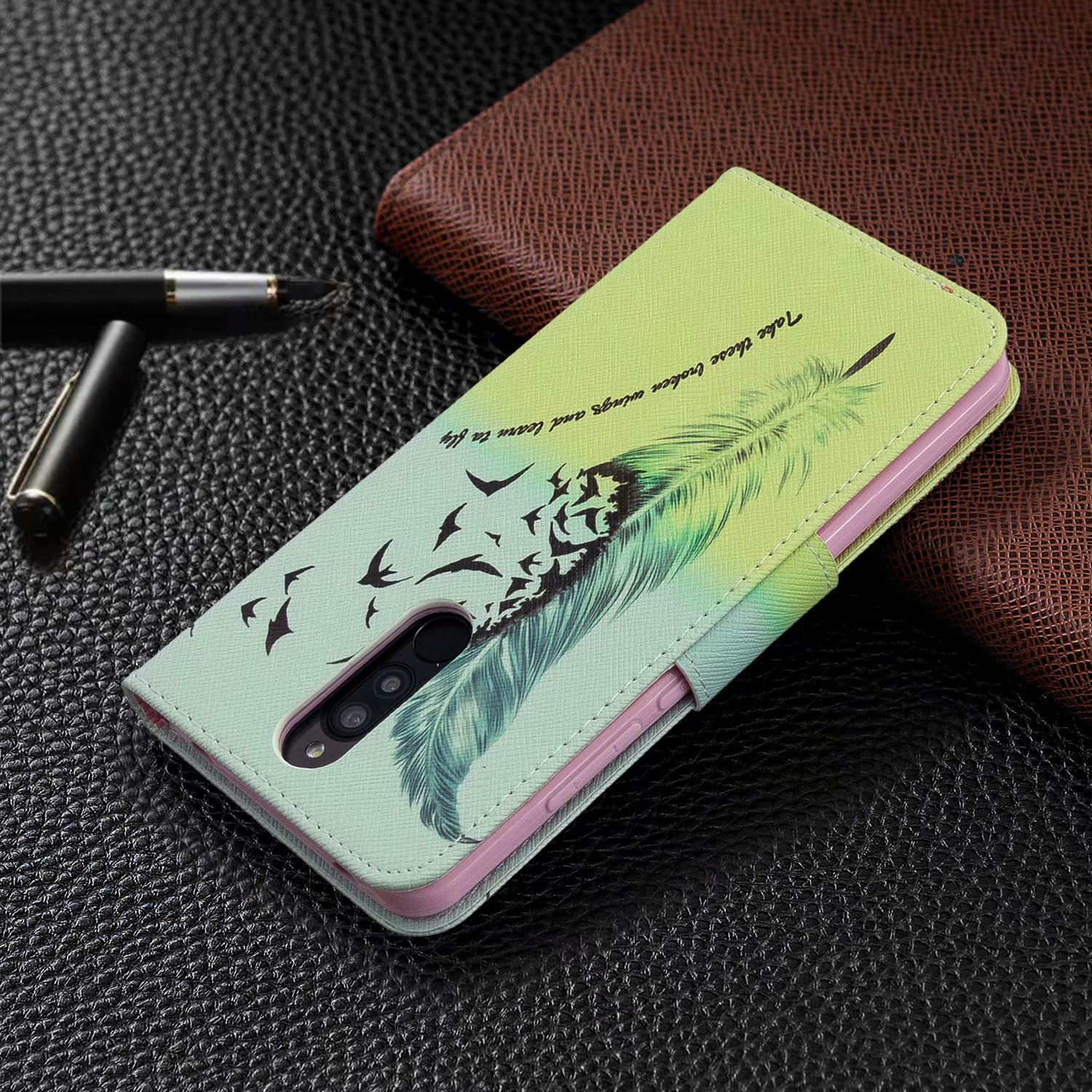 Xiaomi RedMi 8 Case, PU Leather Wallet Phone Bag Cover for Redmi 8A - Free feather