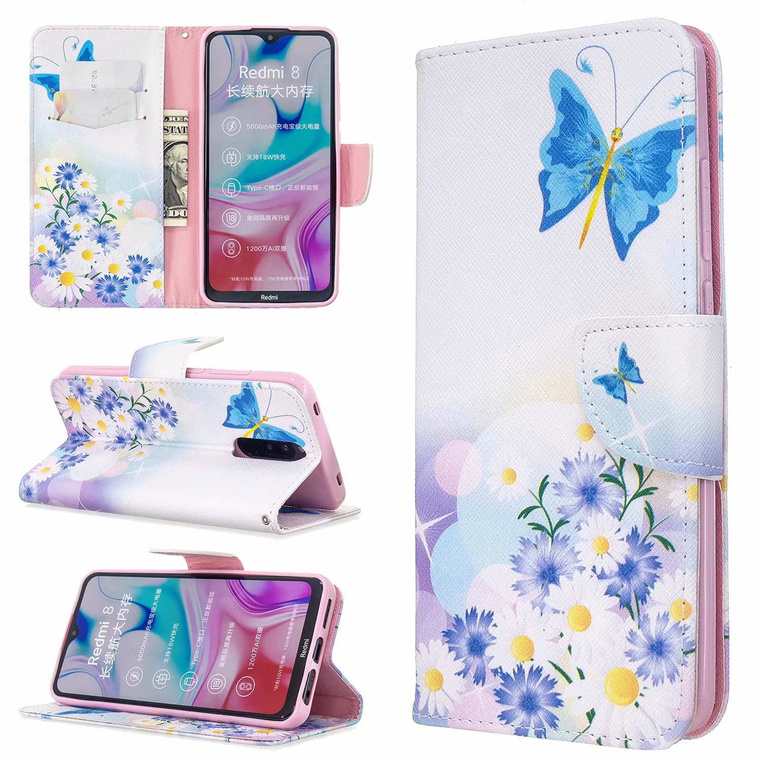 Xiaomi RedMi 8 Case, PU Leather Wallet Phone Bag Cover for Redmi 8A - Flower Butterfly