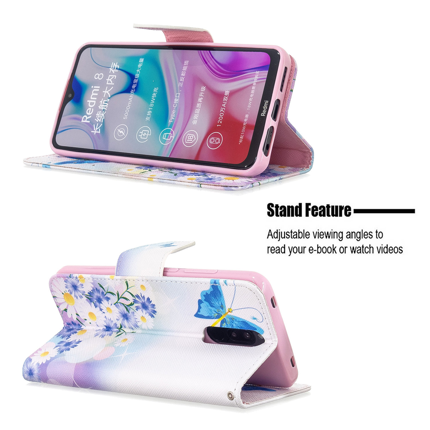Xiaomi RedMi 8 Case, PU Leather Wallet Phone Bag Cover for Redmi 8A - Flower Butterfly
