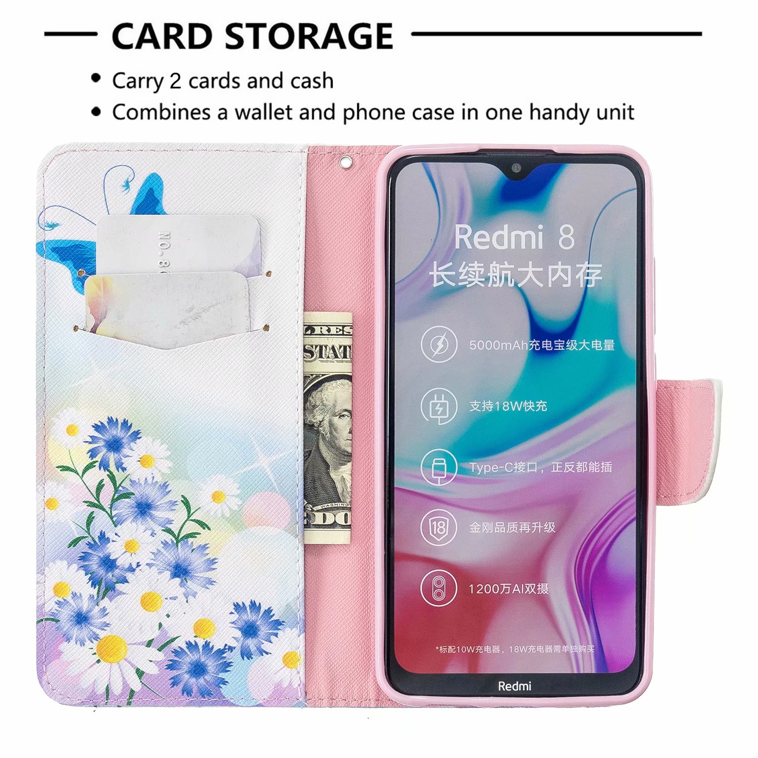 Xiaomi RedMi 8 Case, PU Leather Wallet Phone Bag Cover for Redmi 8A - Flower Butterfly