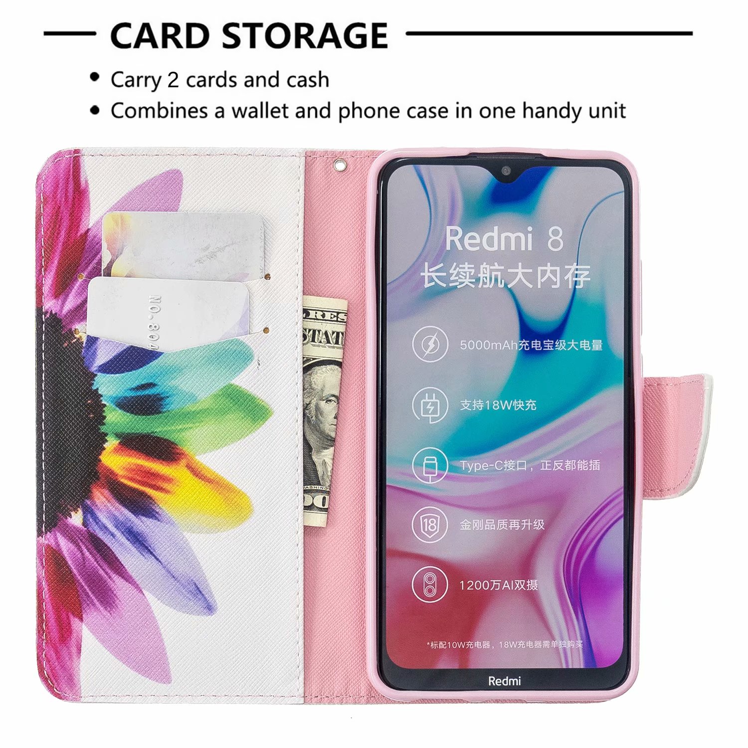 Xiaomi RedMi 8 Case, PU Leather Wallet Phone Bag Cover for Redmi 8A - Sun Flower