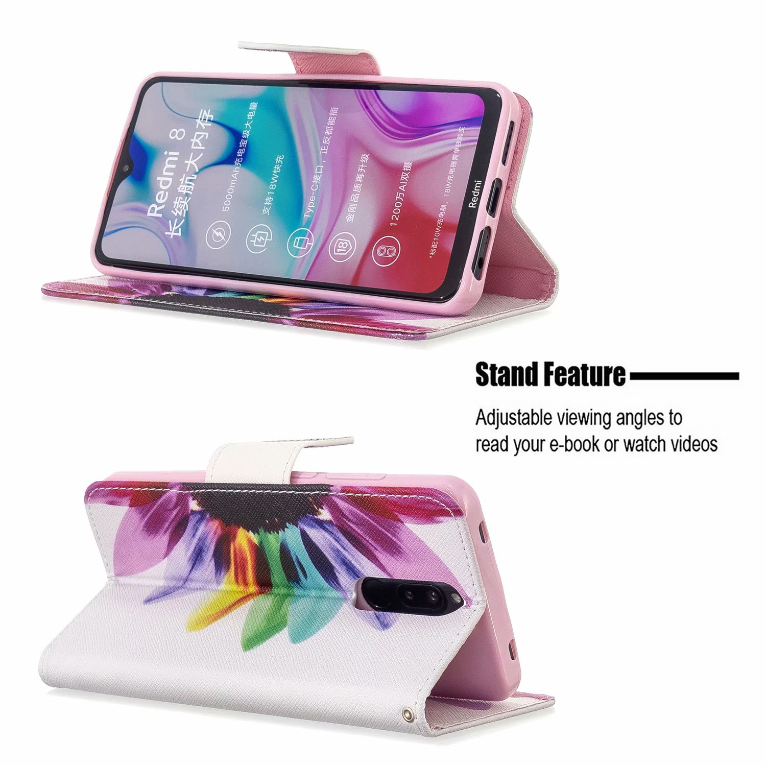 Xiaomi RedMi 8 Case, PU Leather Wallet Phone Bag Cover for Redmi 8A - Sun Flower