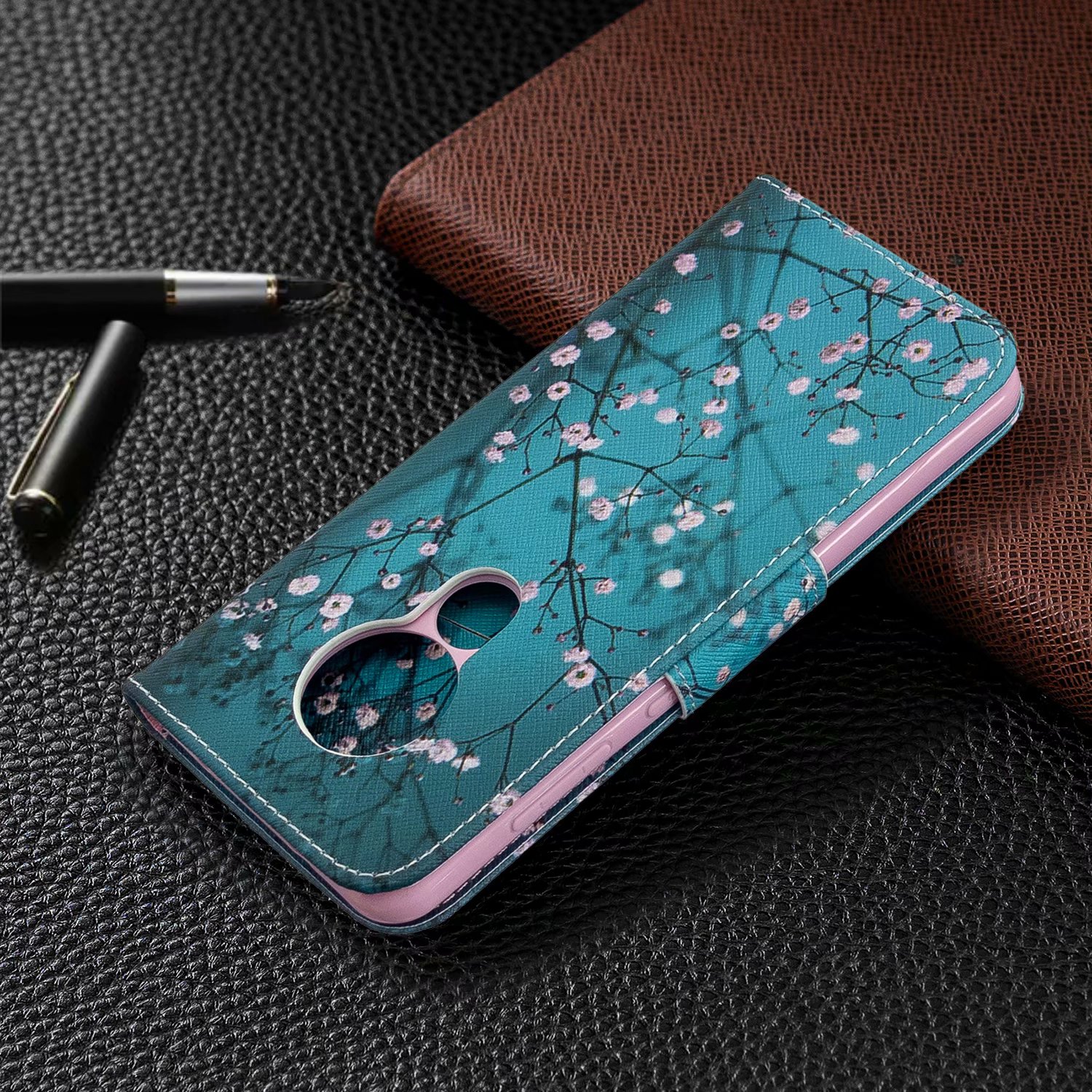 Nokia 7.2 Case, Flip PU Leather Wallet Phone Bag Cover for Nokia 6.2 - Plum Flower