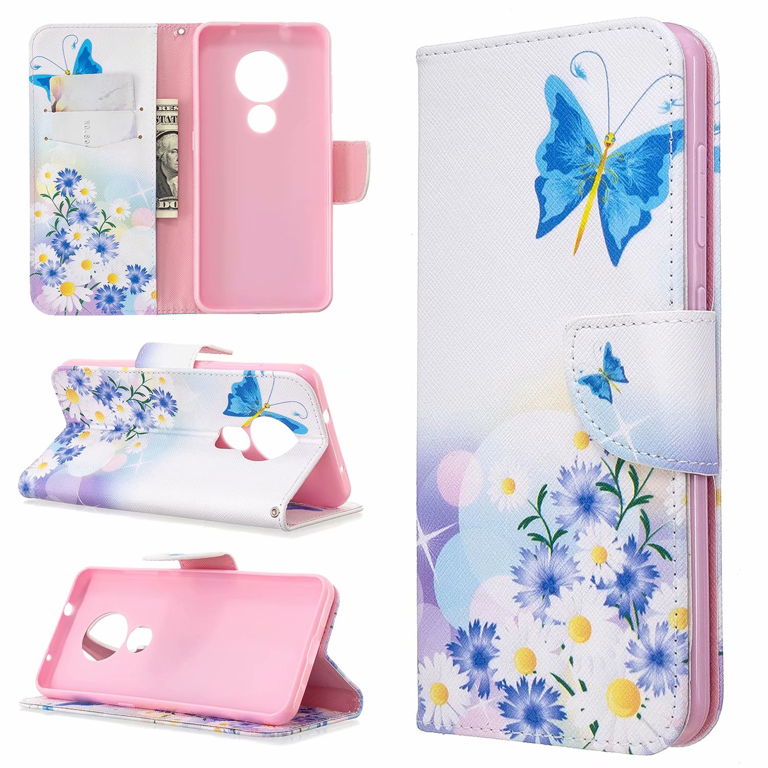 Nokia 7.2 Case, Flip PU Leather Wallet Phone Bag Cover for Nokia 6.2 - Flower Butterfly