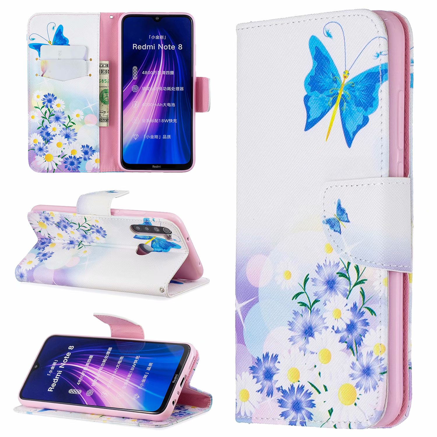 Xiaomi Redmi Note 8 Case, Flip PU Leather Wallet Phone Bag Cover for Redmi Note 8 - Flower Butterfly