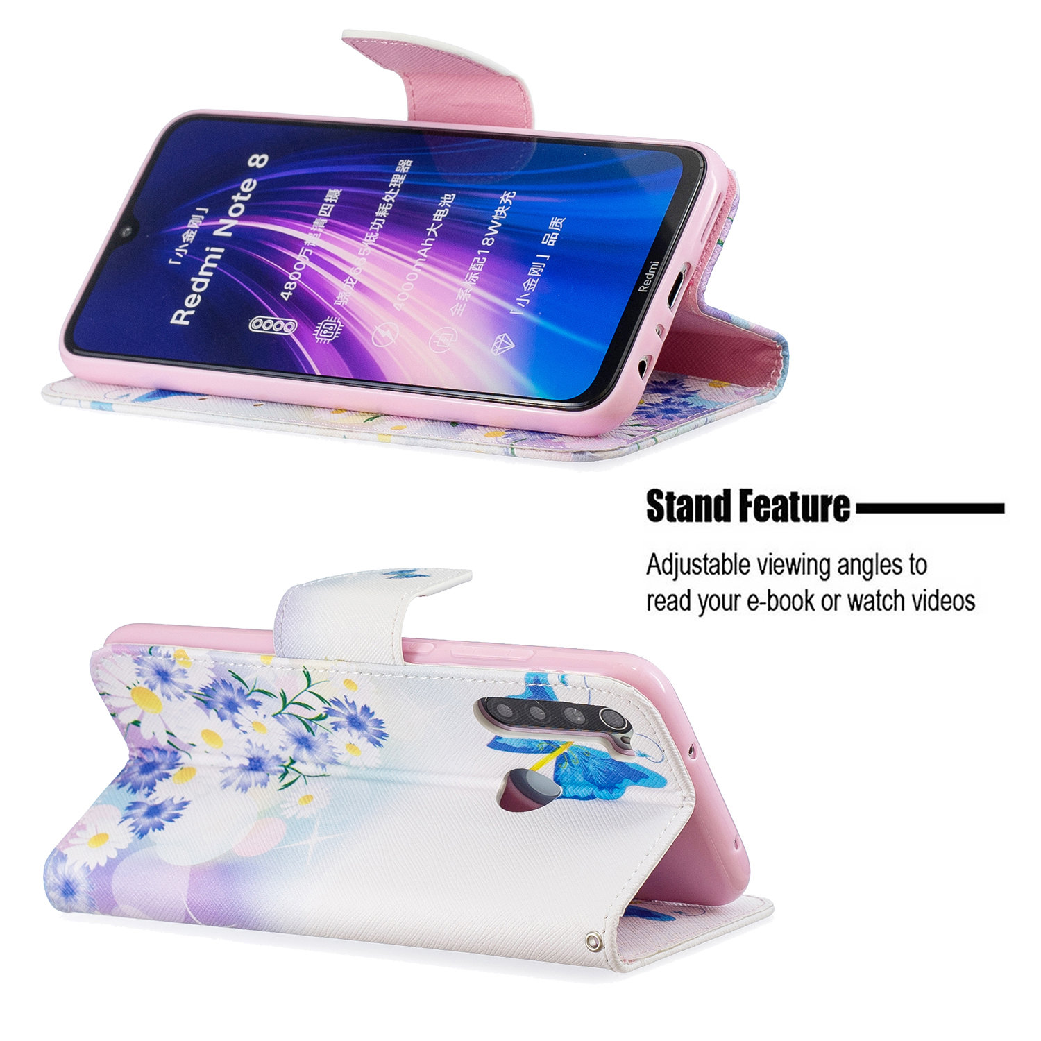 Xiaomi Redmi Note 8 Case, Flip PU Leather Wallet Phone Bag Cover for Redmi Note 8 - Flower Butterfly