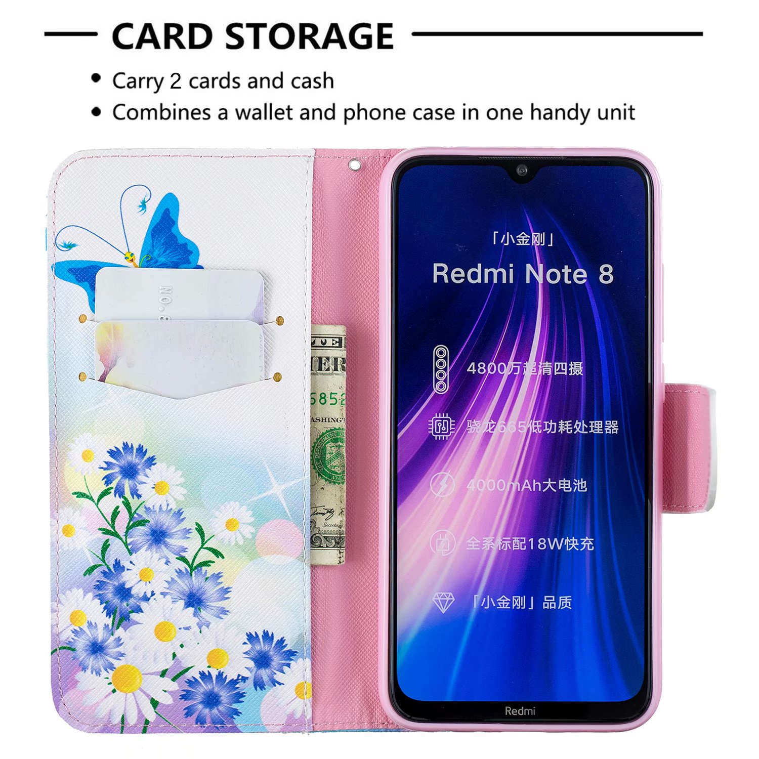 Xiaomi Redmi Note 8 Case, Flip PU Leather Wallet Phone Bag Cover for Redmi Note 8 - Flower Butterfly