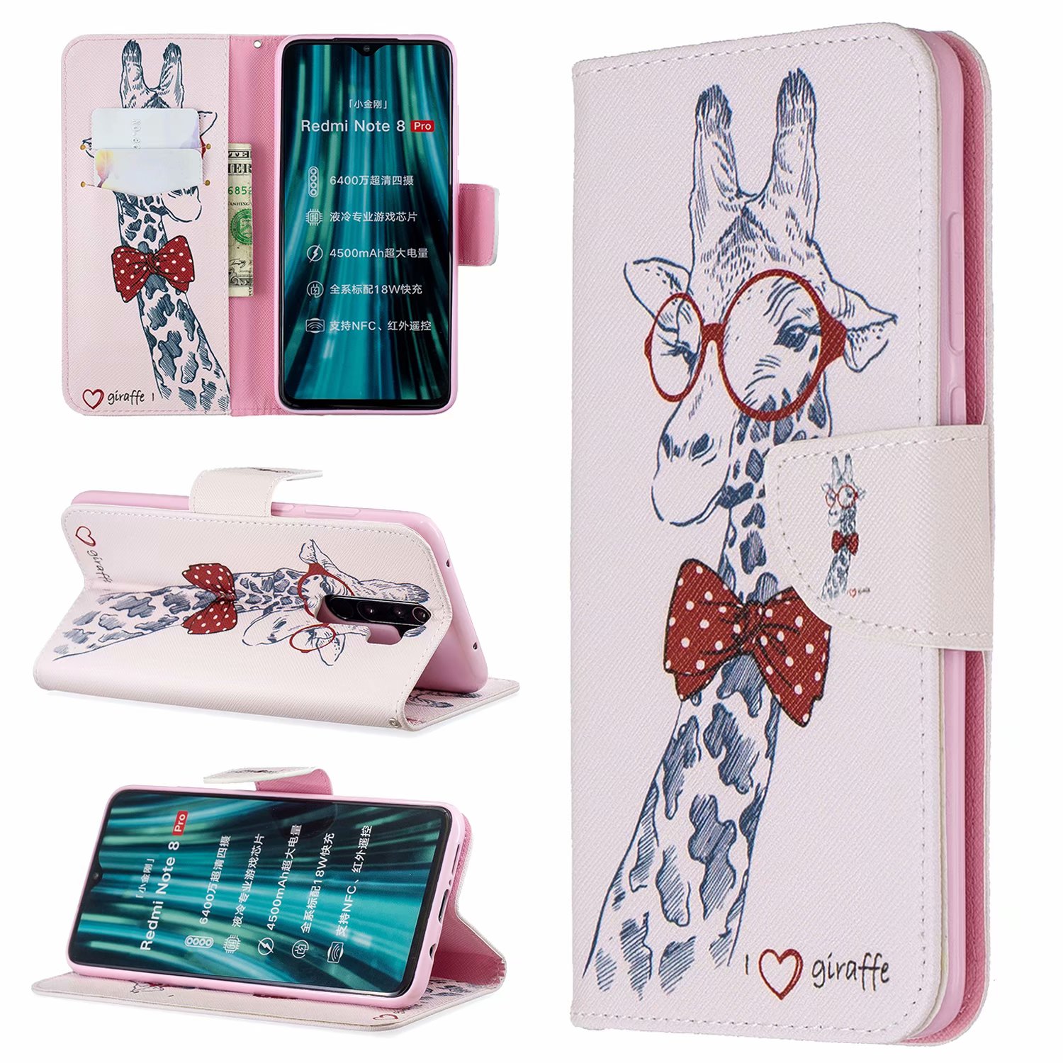 Xiaomi Redmi Note 8 Pro Case, Flip Wallet Phone Cover for Redmi Note 8 Pro - Giraffe