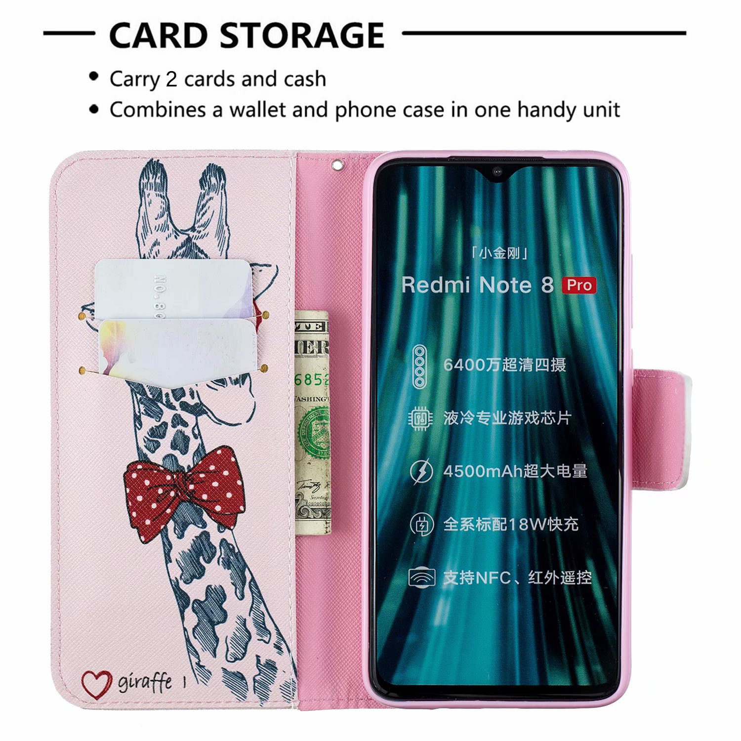 Xiaomi Redmi Note 8 Pro Case, Flip Wallet Phone Cover for Redmi Note 8 Pro - Giraffe