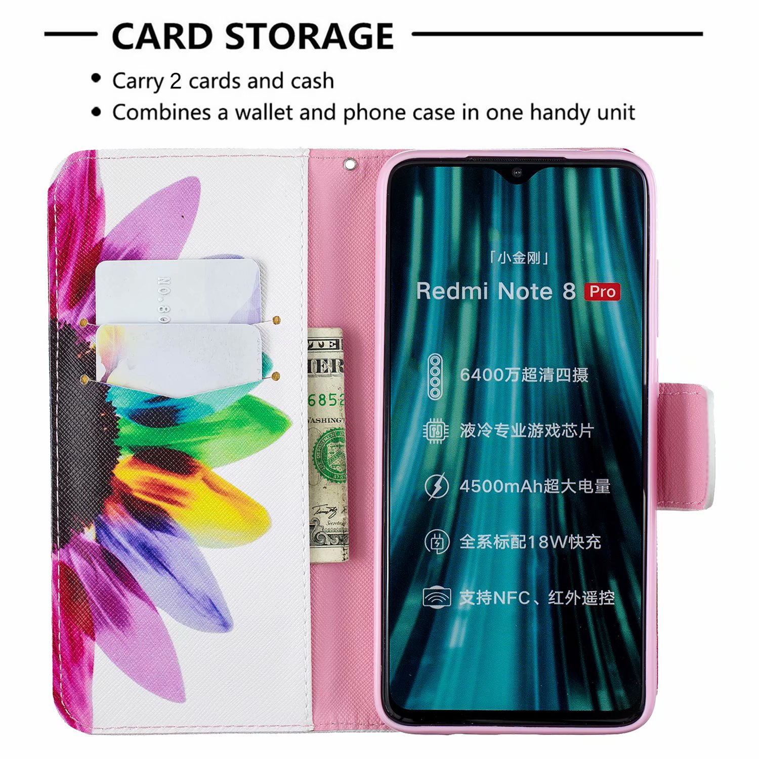 Xiaomi Redmi Note 8 Pro Case, Flip Wallet Phone Cover for Redmi Note 8 Pro - Sun Flower