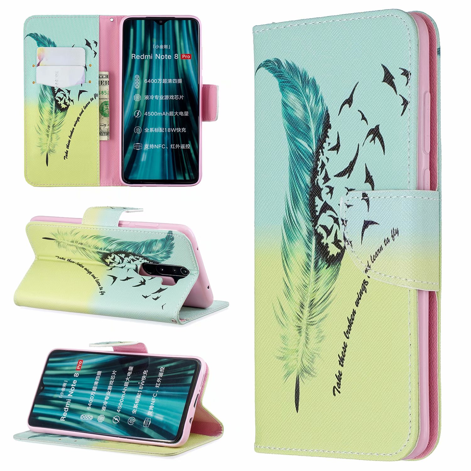 Xiaomi Redmi Note 8 Pro Case, Flip Wallet Phone Cover for Redmi Note 8 Pro - Free feather