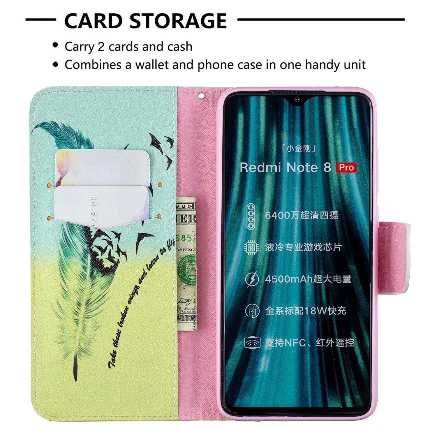 Xiaomi Redmi Note 8 Pro Case, Flip Wallet Phone Cover for Redmi Note 8 Pro - Free feather
