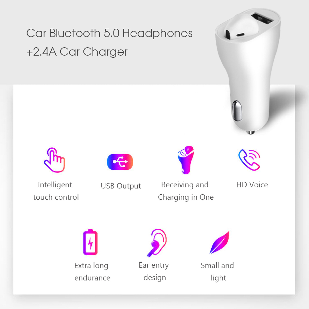 Komach USB Car Charger Adapter with Bluetooth Earphone Headset In-Ear Earbuds HandFree Answer Call