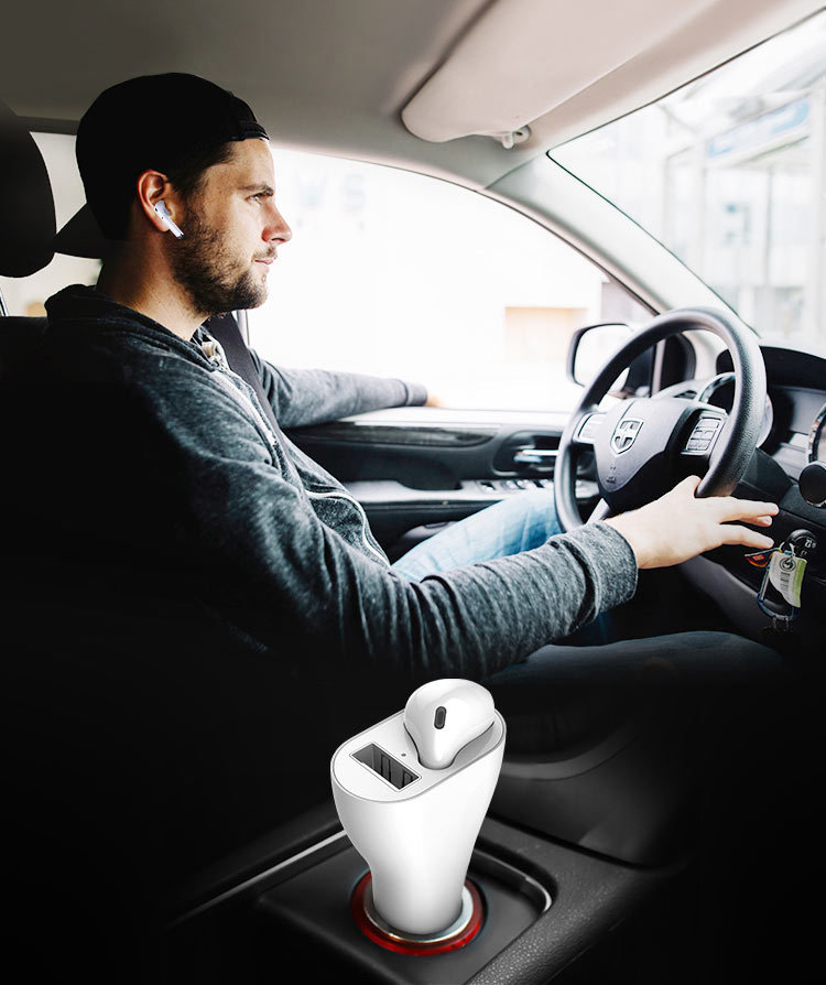 Komach USB Car Charger Adapter with Bluetooth Earphone Headset In-Ear Earbuds HandFree Answer Call