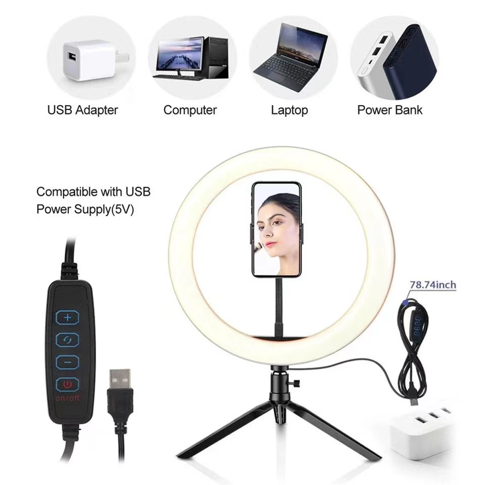 Protable Selfie Ring Light for Youtube Live Streaming Studio Video LED Dimmable Photography Lighting with USB Cable Live Beauty Live Broadcast Beauty Lens  With Tripod Stand Photography Studio