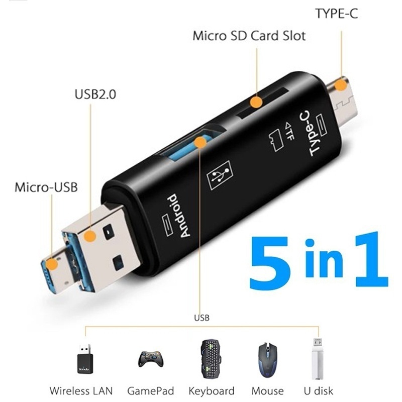 5 In 1 Multifunction Usb 3.0 Type C/Usb /Micro Usb/Tf/SD Memory Card Reader OTG High Speed Card Reader Adapter Mobile Phone Accessories
