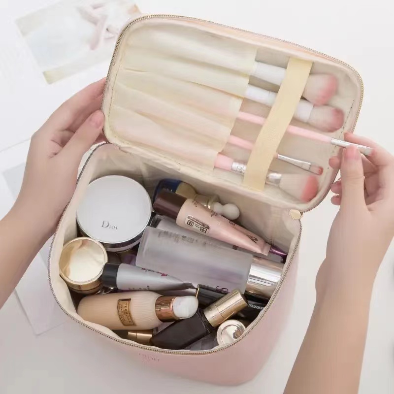 Large Women Cosmetic Bag PU Leather Waterproof Handbag Zipper Make Up Bag Travel Washing Makeup  Toiletry Storage  Organizer Beauty Case