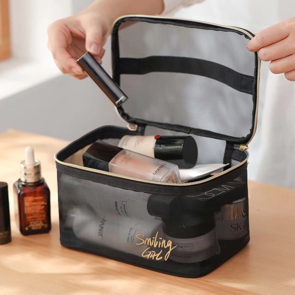 Black Mesh Women's Cosmetic Bag Transparent Travel Comsetics Brushes Organizer Beauty Case Small Large Toiletry Makeup Bag Lipstick Storage Bag Handbags