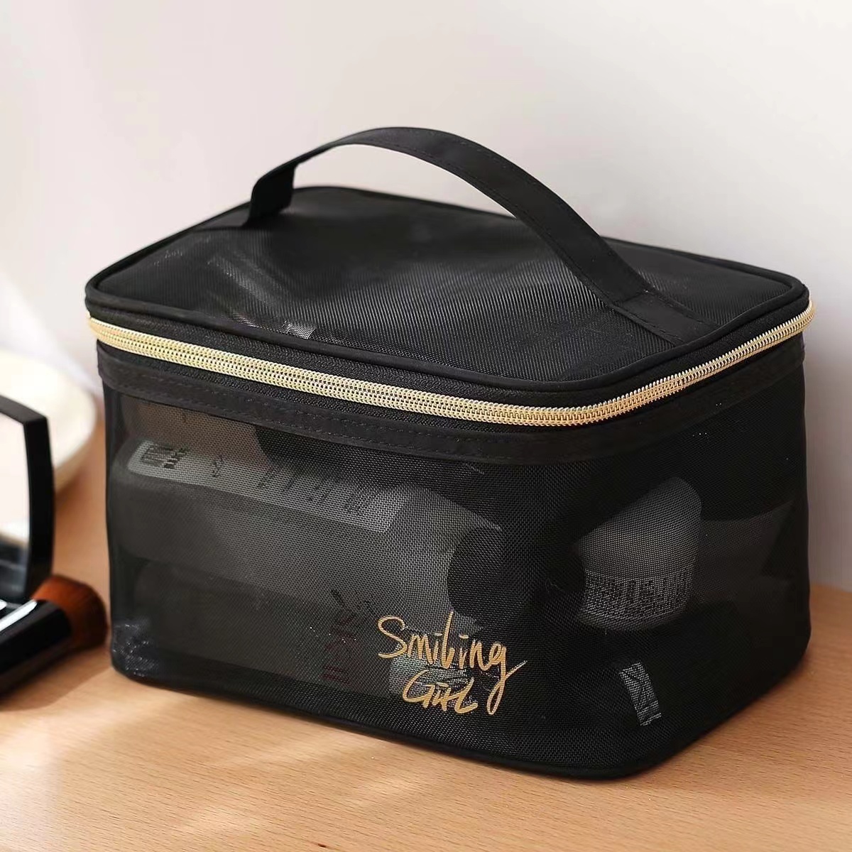 Black Mesh Women's Cosmetic Bag Transparent Travel Comsetics Brushes Organizer Beauty Case Small Large Toiletry Makeup Bag Lipstick Storage Bag Handbags