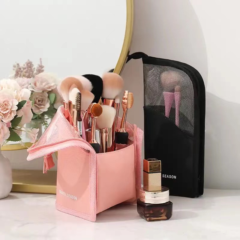 Stand Travel Cosmetic Bag for Women Clear Zipper Makeup Bag Travel Female Makeup Brush Holder Toiletry Bag Handbags Brush Bucket Beauty Organizer Box Lipstick Eyebrow Pencil Case
