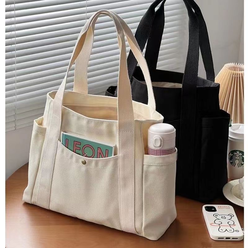 Women Multiple Pockets Handbag Canvas Shoulder Bag Gothic Tote High Quality Large Capacity Cotton Reusable Shopping Beach Bag College Style Student Outfit Book Shoulder Handbag Bag