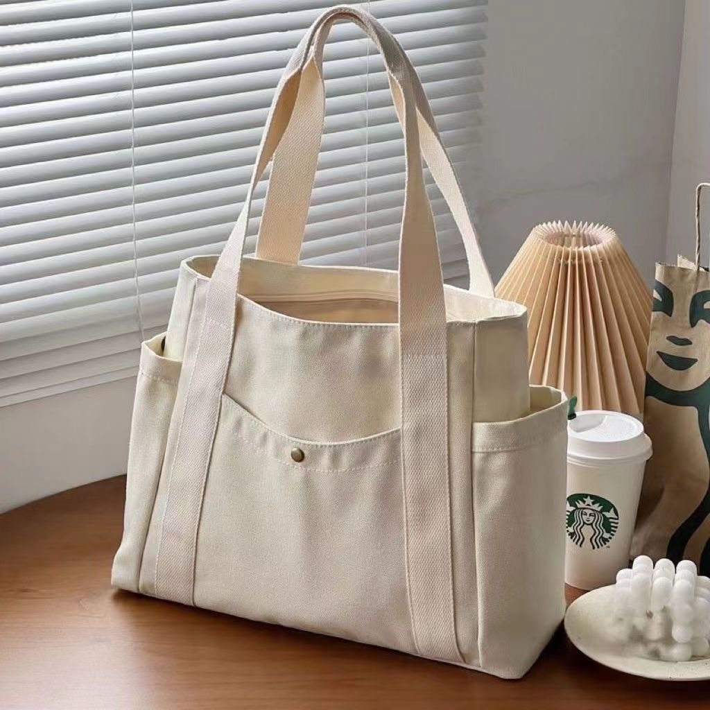 Women Multiple Pockets Handbag Canvas Shoulder Bag Gothic Tote High Quality Large Capacity Cotton Reusable Shopping Beach Bag College Style Student Outfit Book Shoulder Handbag Bag