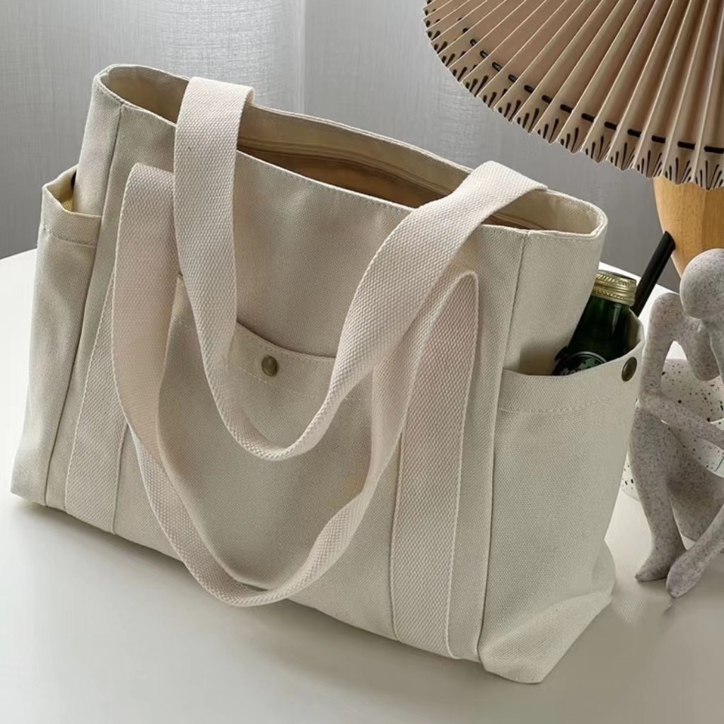Women Multiple Pockets Handbag Canvas Shoulder Bag Gothic Tote High Quality Large Capacity Cotton Reusable Shopping Beach Bag College Style Student Outfit Book Shoulder Handbag Bag